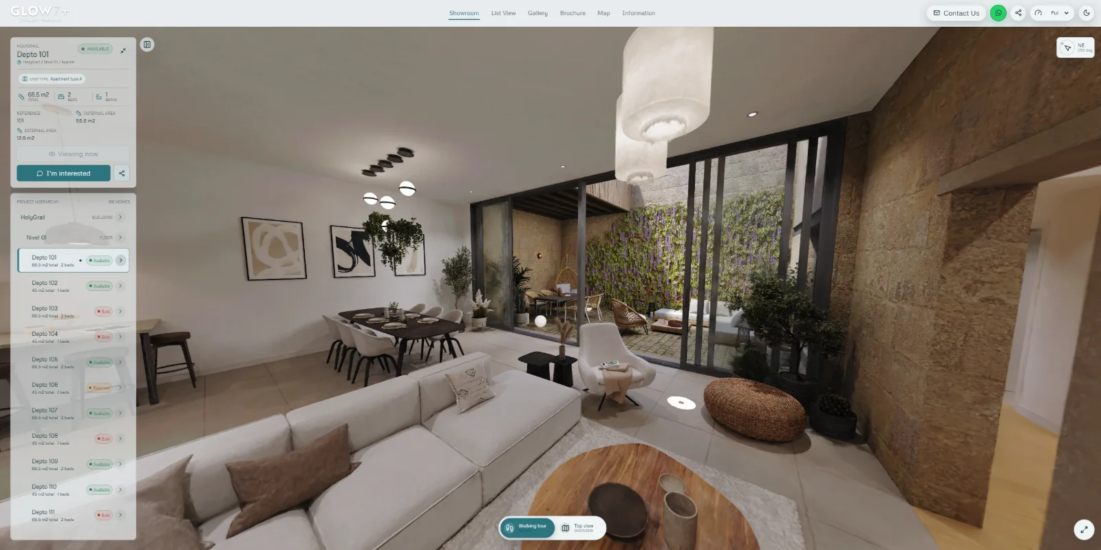 Maqueta digital con la lista de unidades, su estado y el recorrido interior